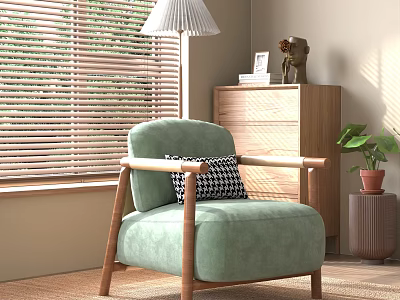 Light Green Velvet Accent Chair with Wooden Frame and Checkered Pillow Near Venetian Blinds 3d model