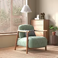 Light Green Velvet Accent Chair with Wooden Frame and Checkered Pillow Near Venetian Blinds