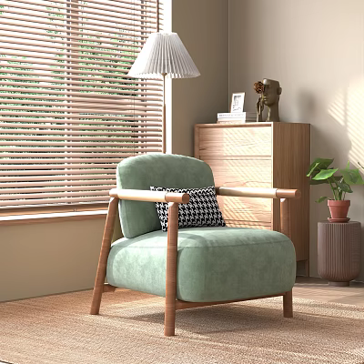 Light Green Velvet Accent Chair with Wooden Frame and Checkered Pillow Near Venetian Blinds 3d model