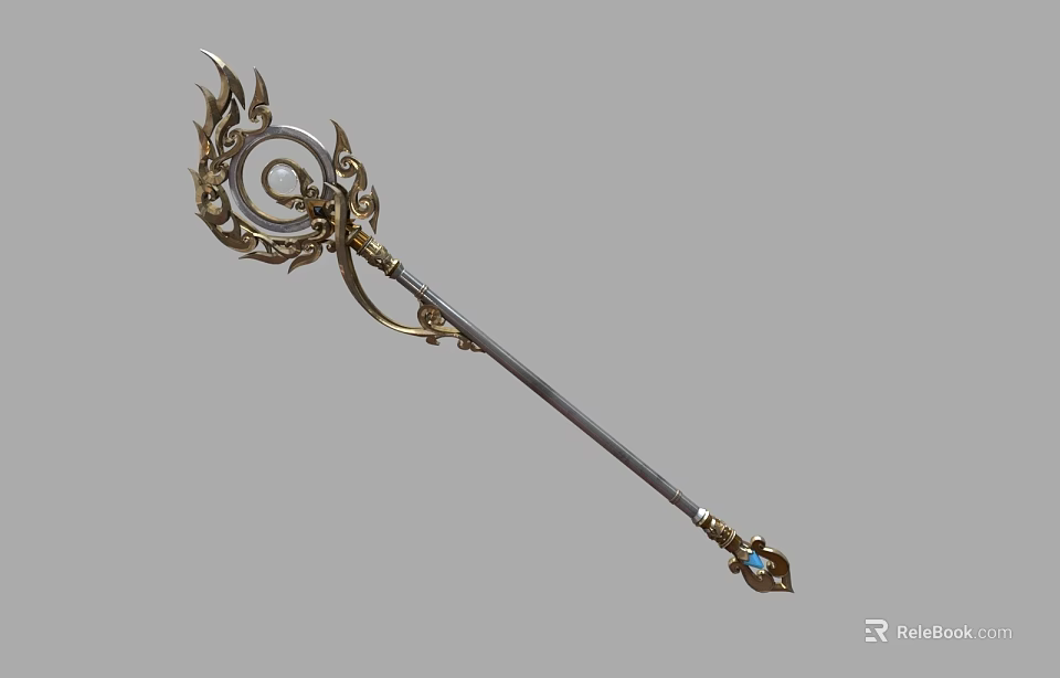 Ornate Magical Staff Featuring Golden Spiral Design Silver Shaft And Blue Gemstone 3d model 