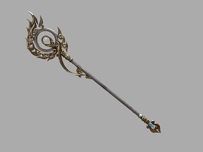 Ornate Magical Staff Featuring Golden Spiral Design Silver Shaft And Blue Gemstone 3d model