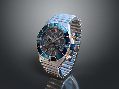 Luxury Modern Watch with Blue Chronograph Dial and Stainless Steel Rose Gold Bracelet 3d model