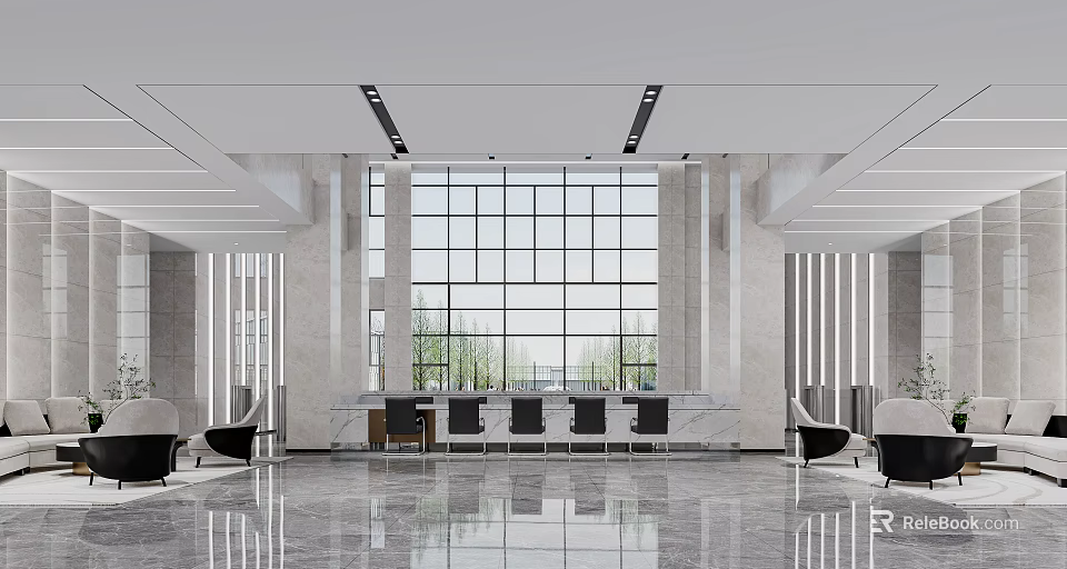 Hotel Lobby Modern Design With Large Windows Marble Flooring And Reception Desk 3d model 