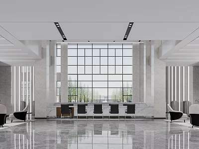 Hotel Lobby Modern Design With Large Windows Marble Flooring And Reception Desk 3d model