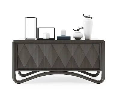 Modern Entryway Console Table Geometric Pattern Wooden Cabinet With Vase Picture Frames And Candle Decor 3d model