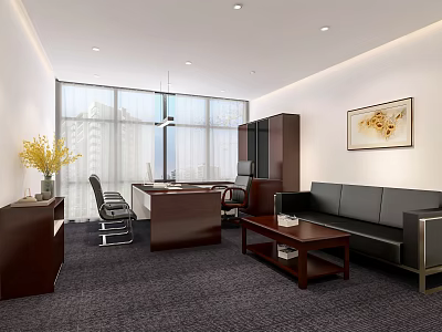 Spacious Modern Office Interior With Floor to Ceiling Windows Desk Sofa Bookshelf Vase and Carpet 3d model