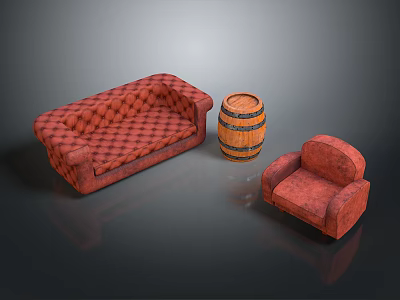 Red Checkered Sofa With Wooden Barrel And Red Armchair In Interior 3d model
