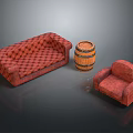 Red Checkered Sofa With Wooden Barrel And Red Armchair In Interior