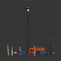 Black Street Lamp Pole With Wooden Posts Blue Orange Boxes Red Stool Trolley And Balls