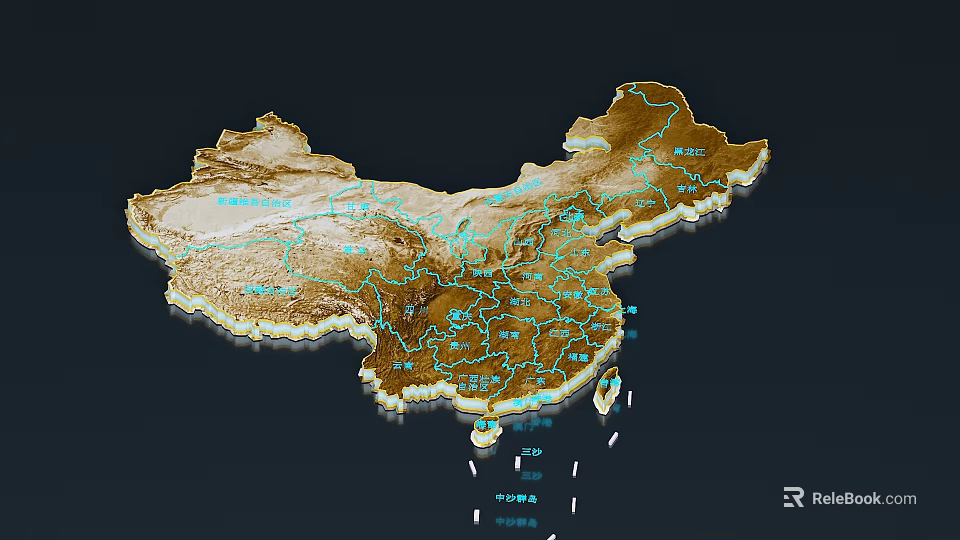 3D China Map Wall Decor With Blue Lines Mountains Rivers And City Name Labels 3d model 