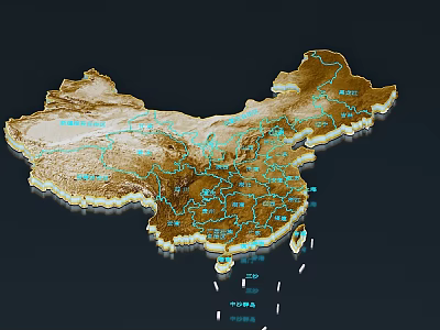3D China Map Wall Decor With Blue Lines Mountains Rivers And City Name Labels 3d model