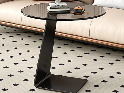 Modern Corner Table With Glass Top And Black Metal Frame In Living Room 3d model