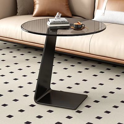 Modern Corner Table With Glass Top And Black Metal Frame In Living Room 3d model