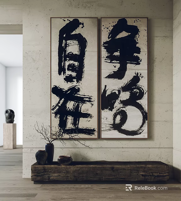 Two Abstract Paintings With Bold Black Brushstrokes In Minimalist Interior With Decorative Items 3d model 