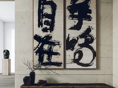 Two Abstract Paintings With Bold Black Brushstrokes In Minimalist Interior With Decorative Items 3d model