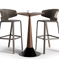 Modern Round Bar Table With Wooden Top Black Base And Gray High Chairs