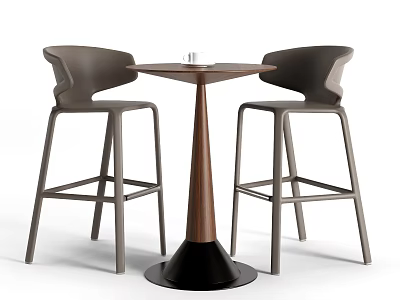 Modern Round Bar Table With Wooden Top Black Base And Gray High Chairs 3d model