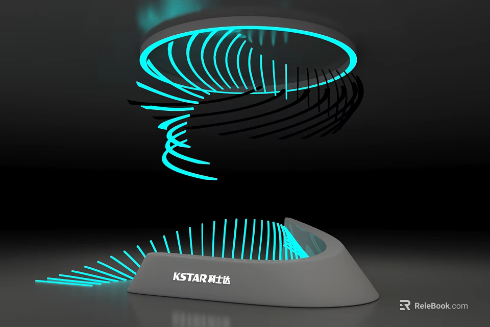 Hi tech Exhibition Hall Featuring KSTAR Aerospace Illuminated Spiral Installation with Blue Lines 3d model 