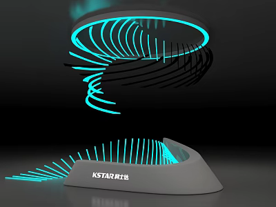 Hi tech Exhibition Hall Featuring KSTAR Aerospace Illuminated Spiral Installation with Blue Lines 3d model