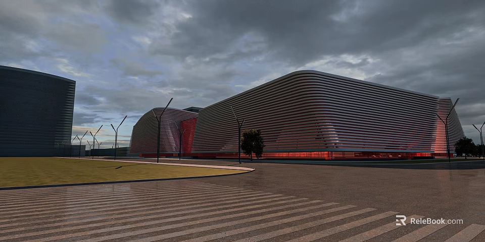Modern Architecture Aerial Planning With Striped Facade Red Accents Plaza And Green Space 3d model 