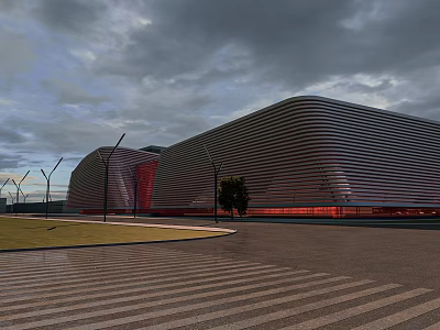 Modern Architecture Aerial Planning With Striped Facade Red Accents Plaza And Green Space 3d model