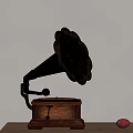 Vintage Decorative Gramophone on Wooden Cabinet with Red Purple Fruits