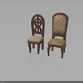 Two Traditional Wooden Chairs with Carved Backrest and Upholstered Patterned Seat