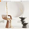 Black Side Table With Dried Grass Decoration Wooden Hand Sculpture And Golden Chain