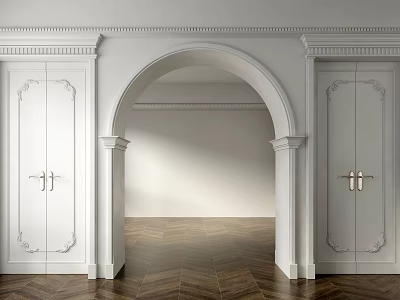 Elegant White Decorative Double Doors With Archway And Herringbone Wooden Floor 3d model