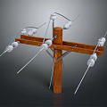 Wooden Crossarm Structure With White Insulators And Metal Wires On Power Pole