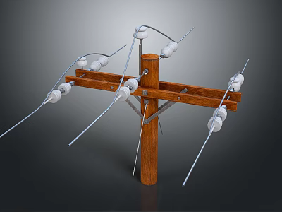 Wooden Crossarm Structure With White Insulators And Metal Wires On Power Pole 3d model