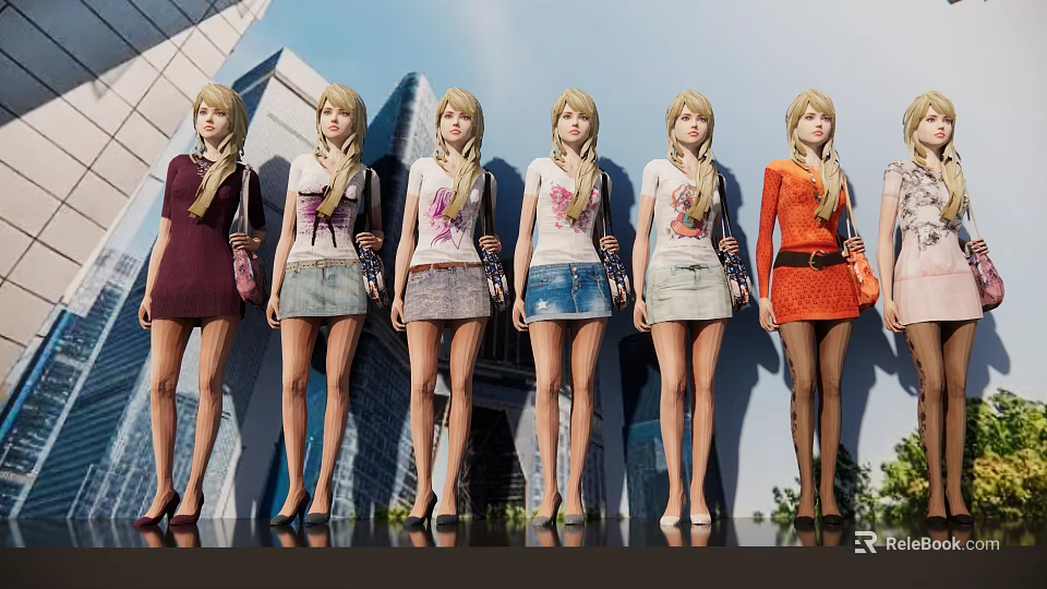 Women In Various Fashion Outfits With Different Tops And Skirts Against Modern Building 3d model 