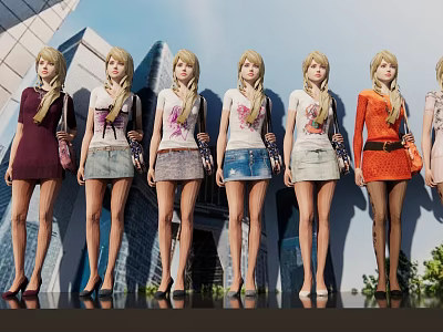 Women In Various Fashion Outfits With Different Tops And Skirts Against Modern Building 3d model