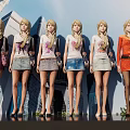 Women In Various Fashion Outfits With Different Tops And Skirts Against Modern Building
