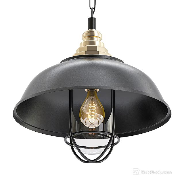Industrial Style Pendant Light With Black Shade Golden Bulb And Metal Frame 3d model 