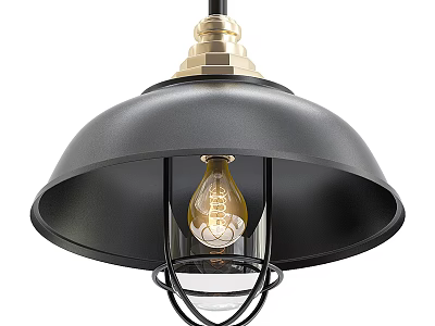 Industrial Style Pendant Light With Black Shade Golden Bulb And Metal Frame 3d model