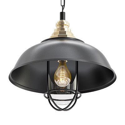 Industrial Style Pendant Light With Black Shade Golden Bulb And Metal Frame 3d model