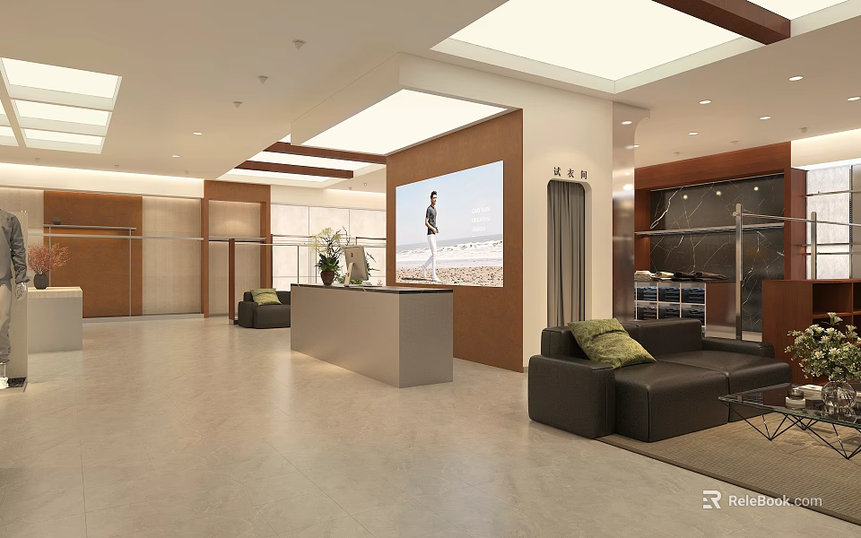 Modern Clothing Store Interior Design With Spacious Layout Reception Desk And Leather Sofa 3d model 