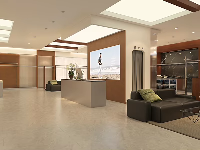 Modern Clothing Store Interior Design With Spacious Layout Reception Desk And Leather Sofa 3d model