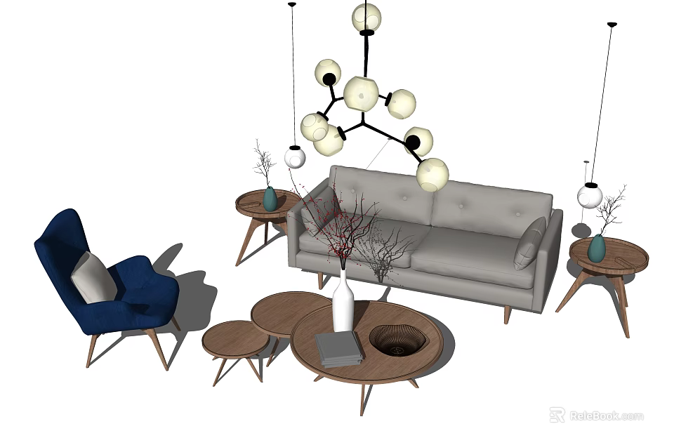Modern Sofa Coffee Table Set With Accent Chair Side Table And Pendant Light 3d model