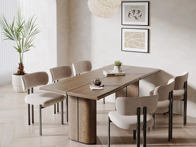 Modern Minimalist Wooden Dining Table Set With Six Light Gray Padded Chairs And Decorative Paintings 3d model