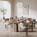 Modern Minimalist Wooden Dining Table Set With Six Light Gray Padded Chairs And Decorative Paintings
