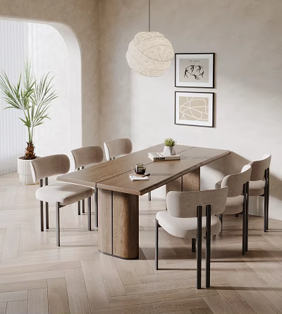 Modern Minimalist Wooden Dining Table Set With Six Light Gray Padded Chairs And Decorative Paintings 3d model
