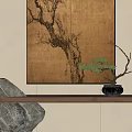 Traditional Ink Painting On Wall With Bonsai Tree And Wooden Shelf