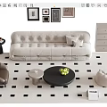 Sofa and Coffee Table Set with Beige Tufted Sofa Black Round Table and Checkered Rug 3d model
