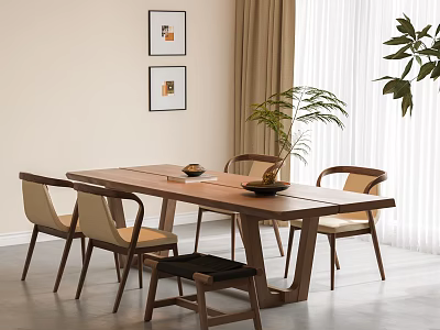 Modern Wooden Dining Table And Chairs Set With Indoor Potted Plant And Wall Art 3d model