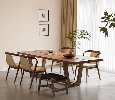 Modern Wooden Dining Table And Chairs Set With Indoor Potted Plant And Wall Art 3d model