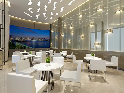 Modern Elegant Sales Office Interior With White Furniture Round Tables Green Plants Mirrored Walls And Lighting Design 3d model