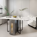 Modern Luxury Dining Table With Marble Top Metal Legs And Green Plants Near Window