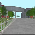 Modern Arched Bridge Connecting Buildings With Green Trees White Fence And Plaza